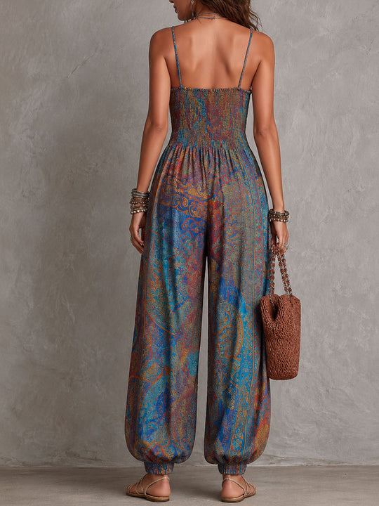 Boho Paisley Print Smocked Bodice Harem Jumpsuit