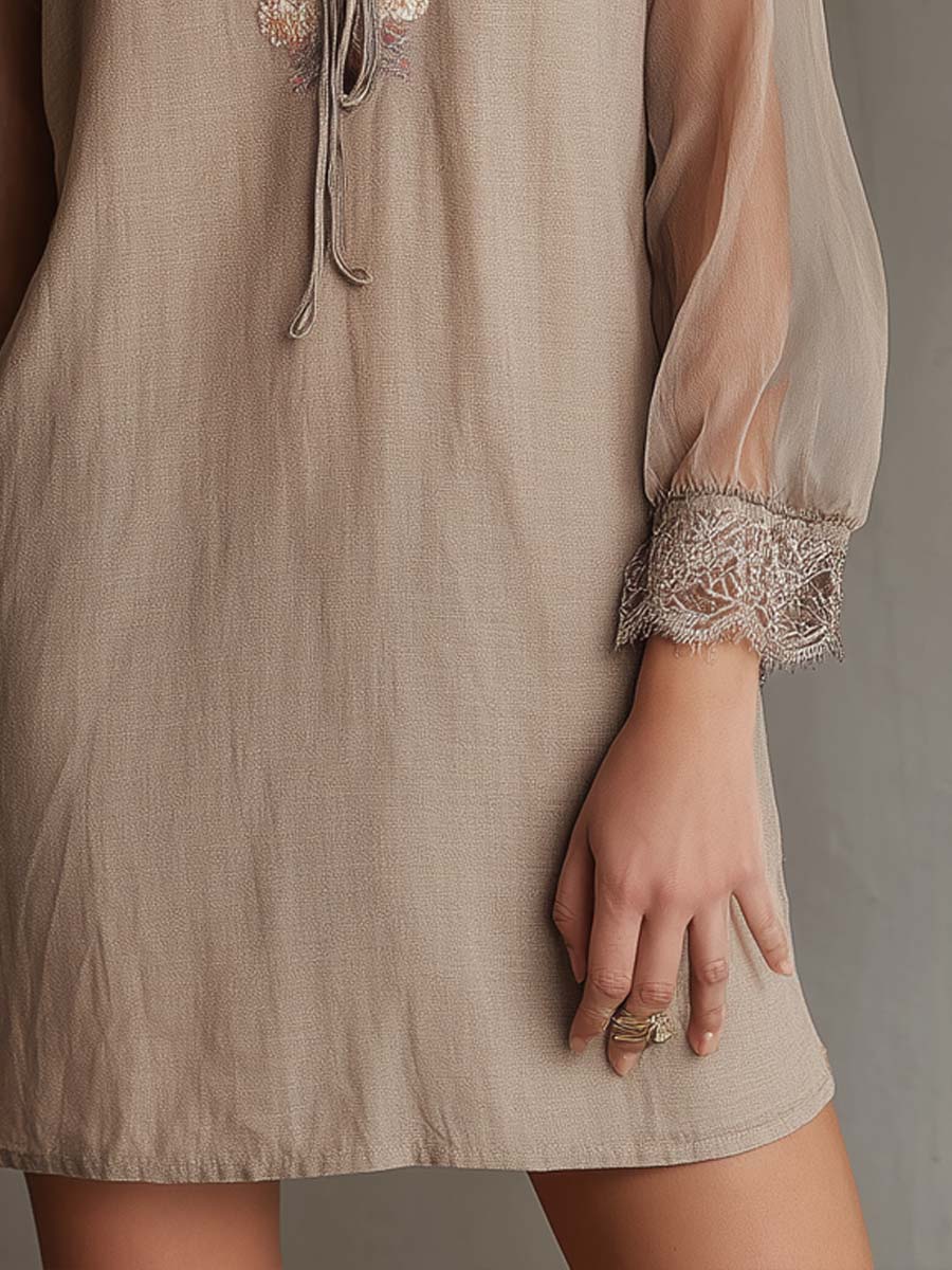 Vintage Cotton And Linen Embroidered Sheer Sleeves Mini Dress