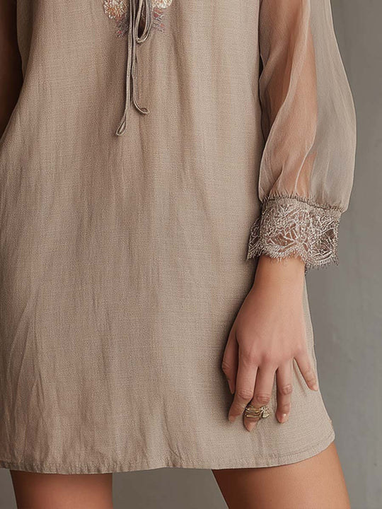 Vintage Cotton And Linen Embroidered Sheer Sleeves Mini Dress