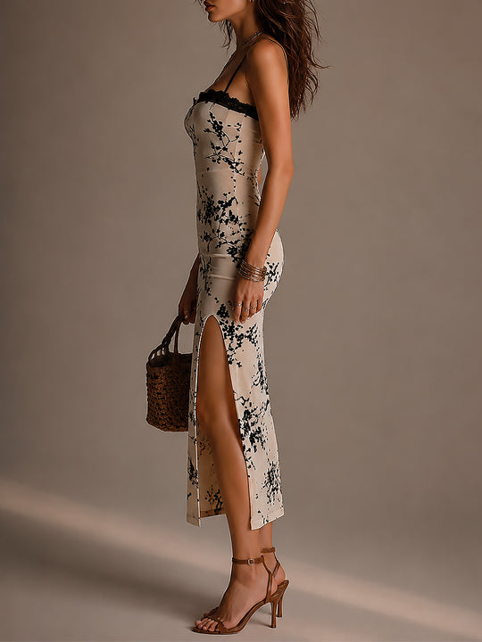 Elegant Lace Trim Printed Midi Dress With High Slit