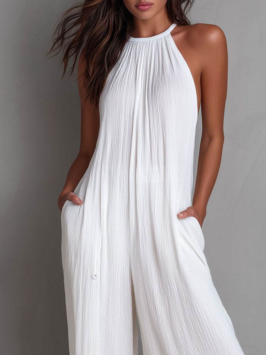 Resort Style White Pleated Halter Wide-Leg One-Piece Jumpsuit