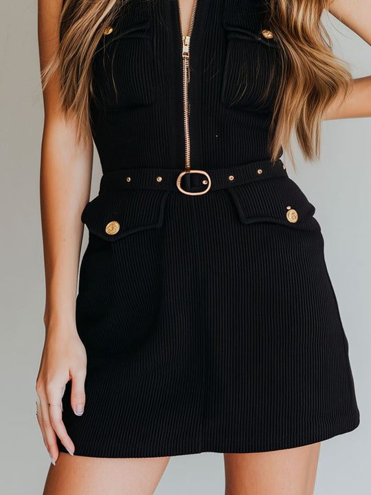 Utility Black Ribbed Knit Mini Dress With Gold Zip Front & Belted