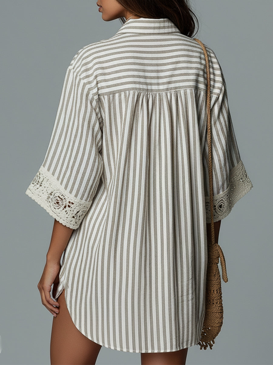 Striped Cotton And Linen Short Dress With Batwing Sleeves And Lace Trim