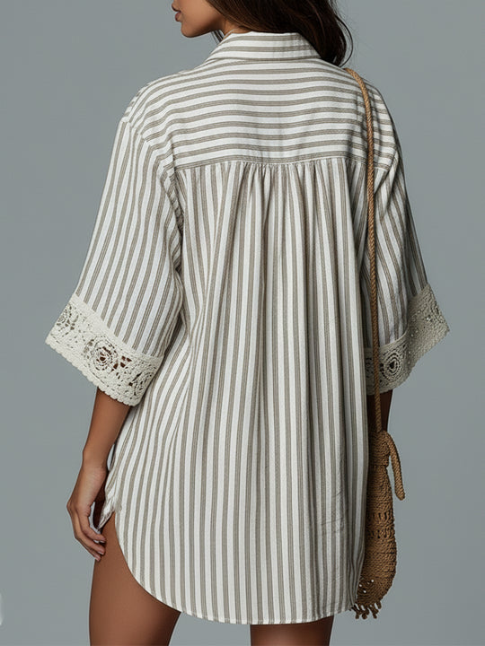 Striped Cotton And Linen Short Dress With Batwing Sleeves And Lace Trim
