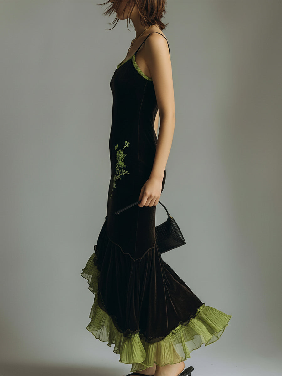 Embroidered Polyester Velvet Patchwork Fishtail Midi Slip Dress