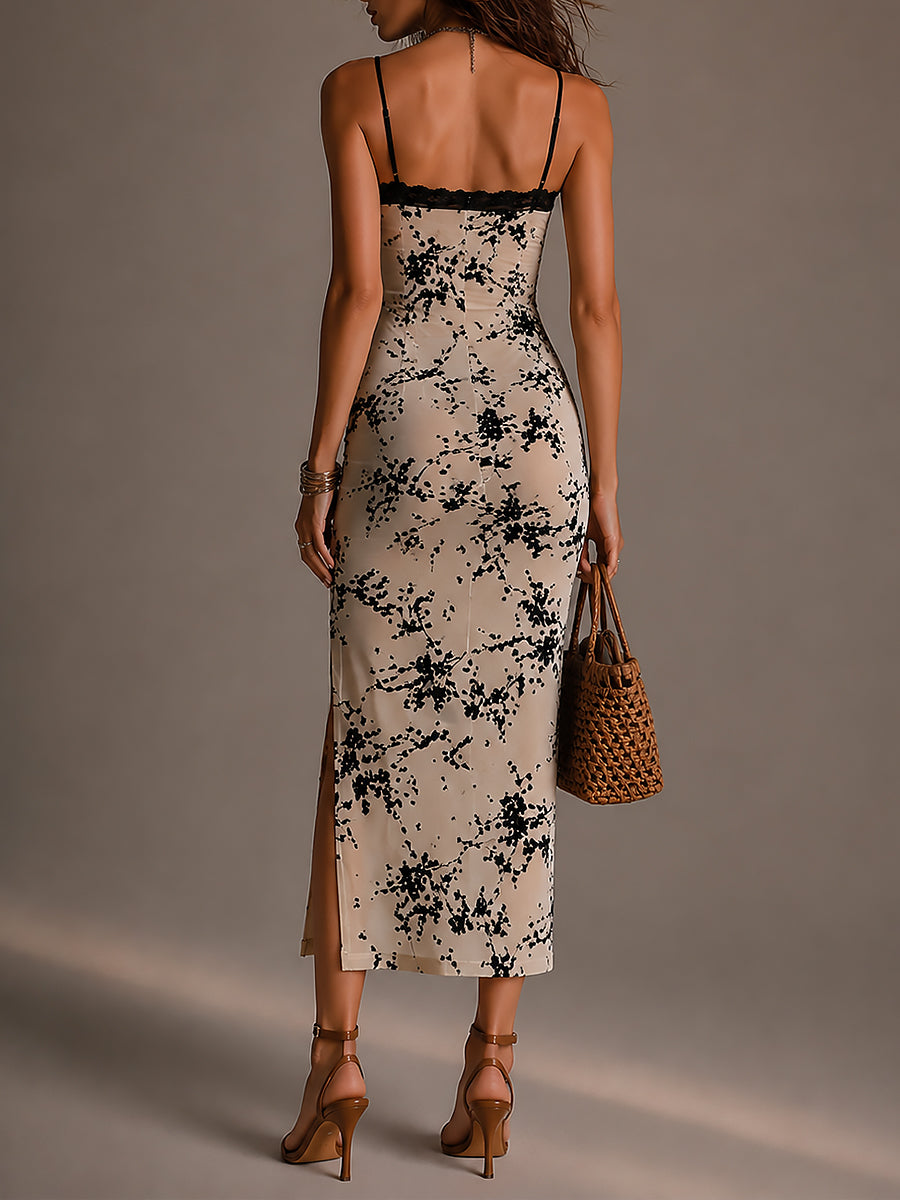 Elegant Lace Trim Printed Midi Dress With High Slit