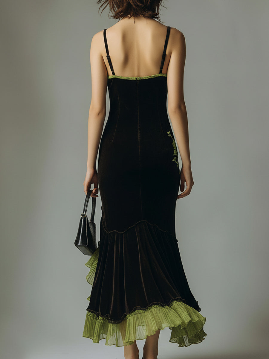 Embroidered Polyester Velvet Patchwork Fishtail Midi Slip Dress
