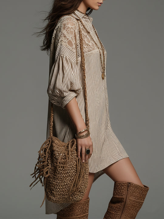 Striped Cotton Mini Dress With A High-low Hem And Lace Trim