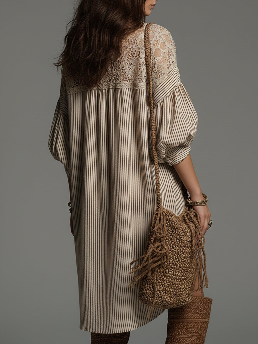 Striped Cotton Mini Dress With A High-low Hem And Lace Trim