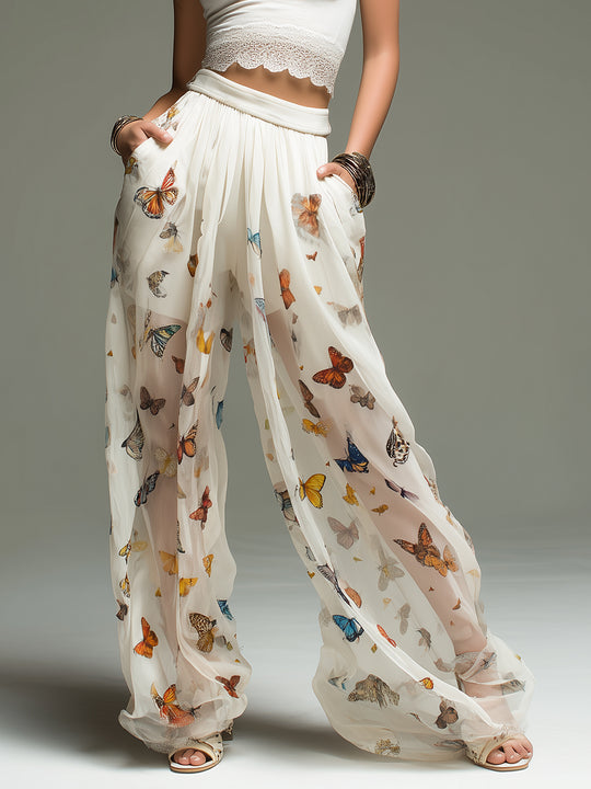 Bohemian Butterfly Print Chiffon Wide-leg Pants