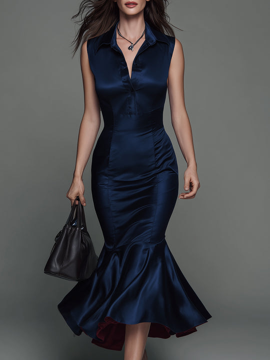 Elegant Double-layered Fishtail Hem Fitted Satin Midi Dress