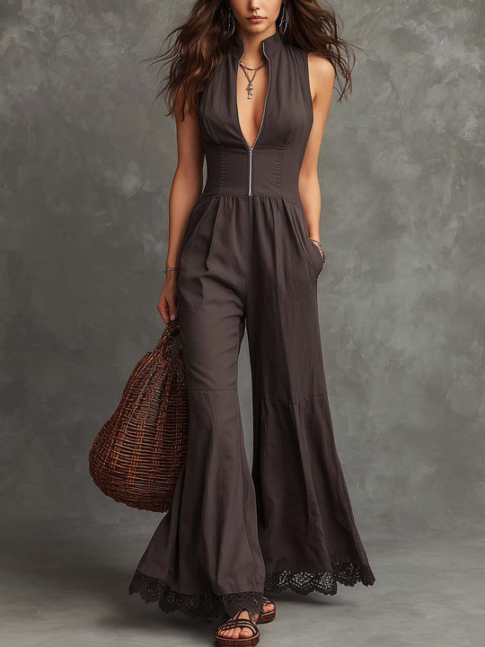 Retro-style Zipper Collar Flared Hem Lace Trim Jumpsuit