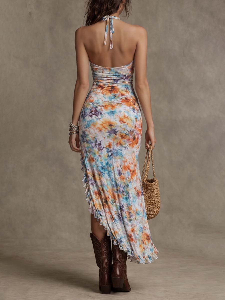 Boho Tie-Dye Print Halter Ruched Midi Dress