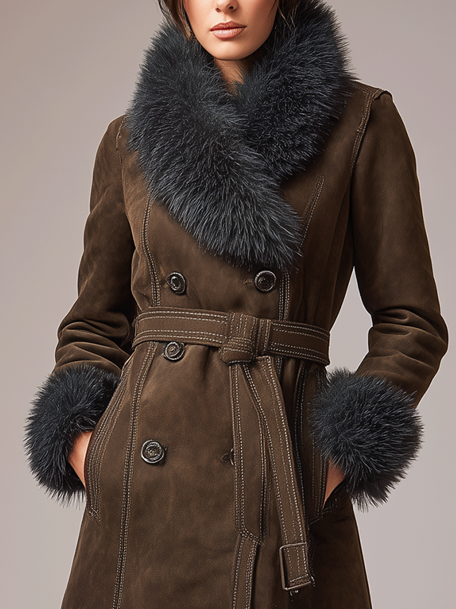 Elegant Bohemian-Style Coffee-Colored Faux Suede Warm Coat