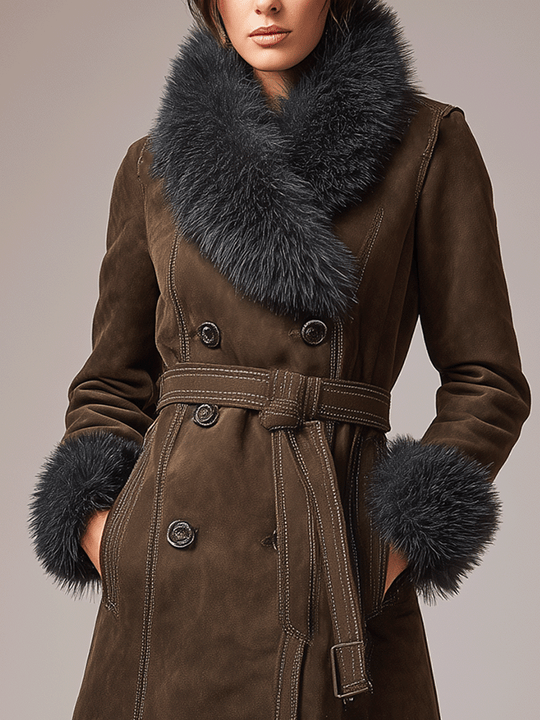 Elegant Bohemian-Style Coffee-Colored Faux Suede Warm Coat