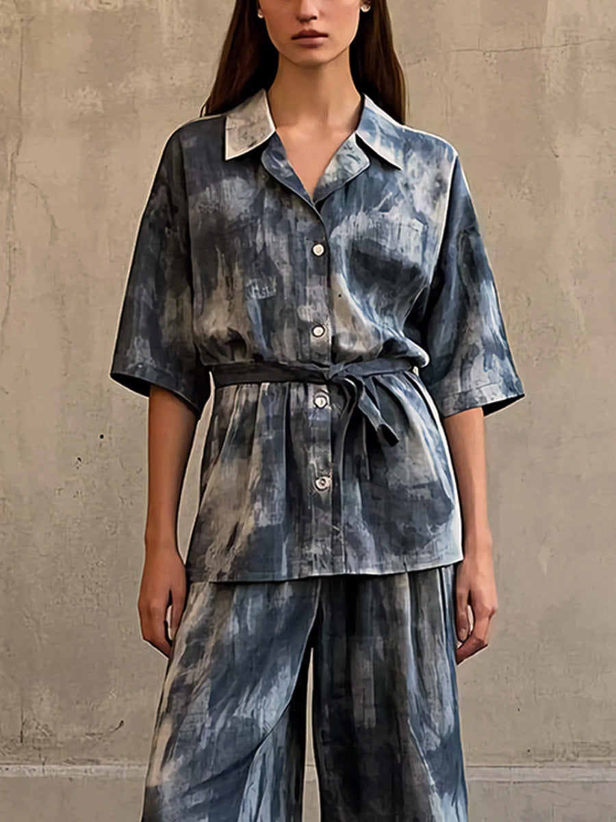 Casual Everyday Tie-dye Cotton and Linen Shirt and Pants Set