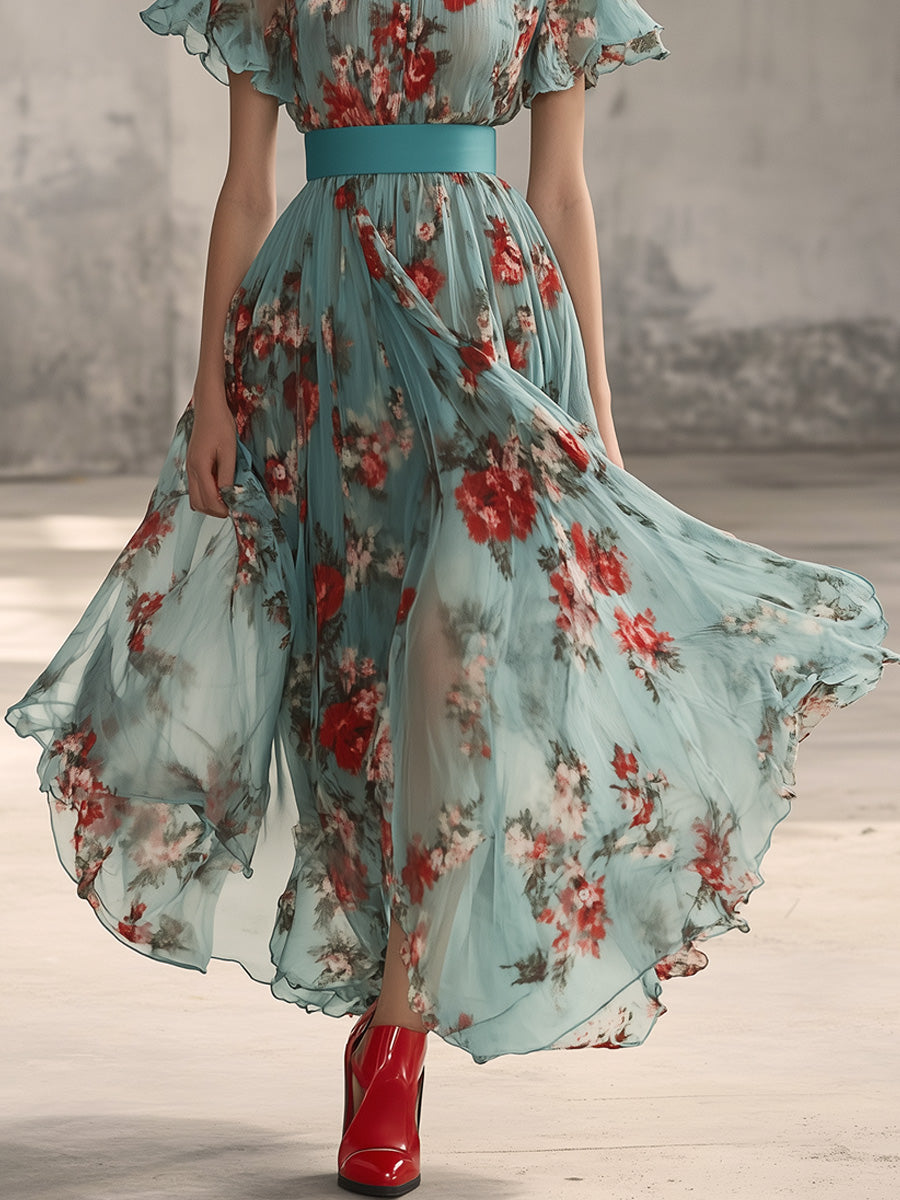 Bohemian Ruffle Sleeve Floral Flowy Maxi Dress