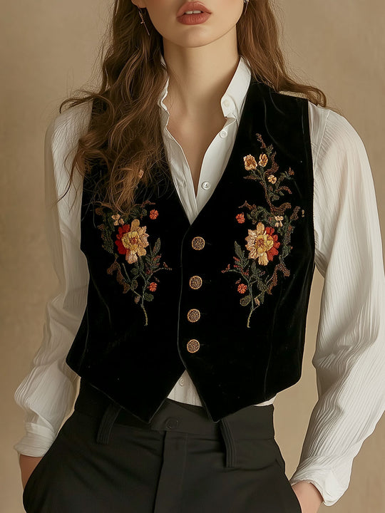 Floral Embroidery Single-breasted Velvet Waistcoat