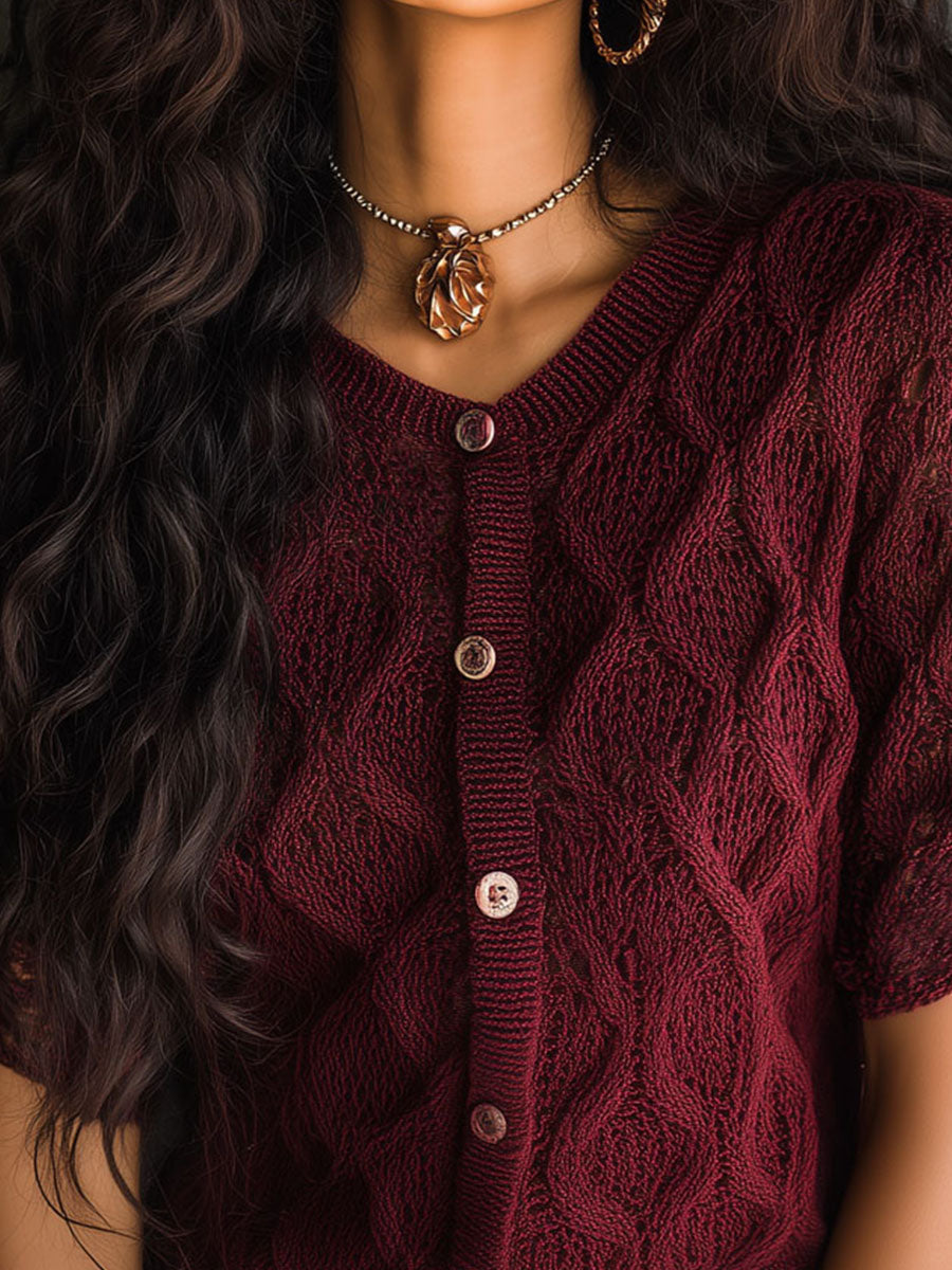 Classic Burgundy Textured Knit Button Front Cardigan
