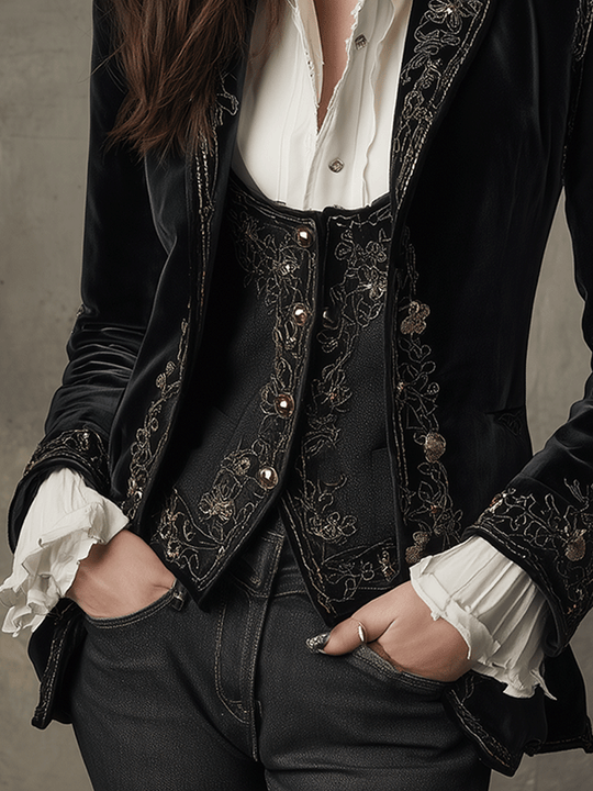 Elegant Black Velvet Embroidered Blazer