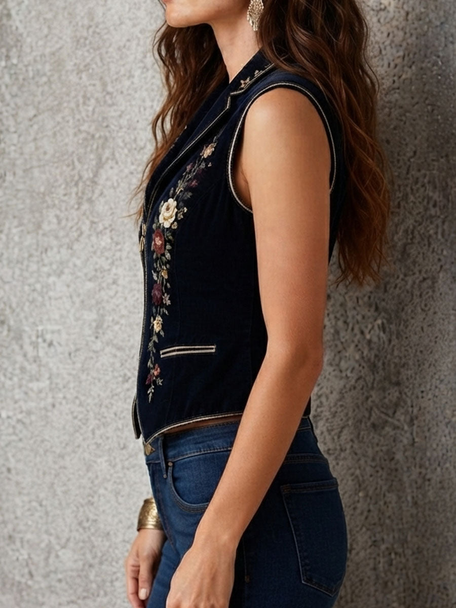 Boho Navy Velvet Floral Embroidery Zipper Waistcoat With Pockets