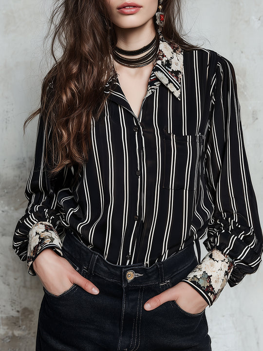 Retro Striped Oil Painting Floral Satin Blouse