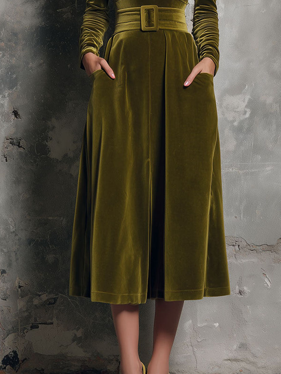 Vintage Allure Olive Velvet Belted Midi Dress With Pockets