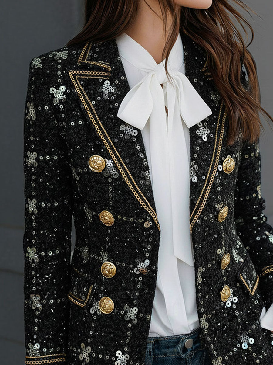 Luxe Double Breasted Black Sequin-Embellished Tweed Blazer