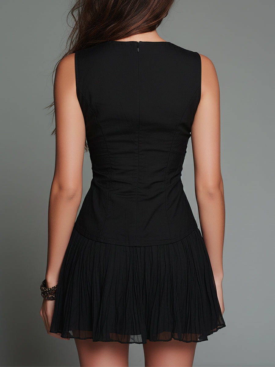 Vintage Mesh Panelled Hem Sleeveless Mini Dress