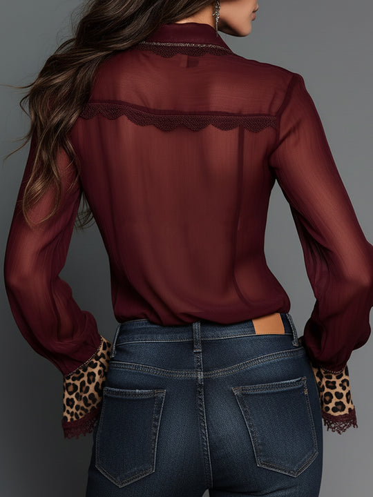 Retro Leopard Print Chiffon Fitted Blouse With Lace Trim