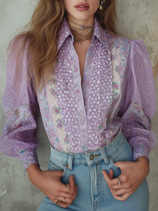 Victorian-style Chiffon Printed Blouse With Puff Sleeves