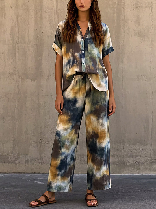 Casual Loose Tie-Dye Cotton Linen Shirt and Pants Set