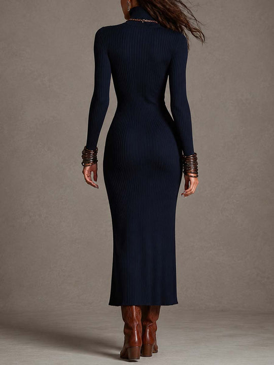 Navy Vertical Ribbed Knit Bodycon High Neck Keyhole Front Side Zipper Slit Midi Dress