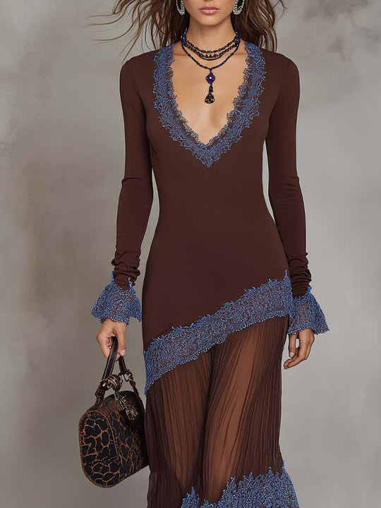 Retro Sheer Pleated Hem Lace Trim Midi Dress