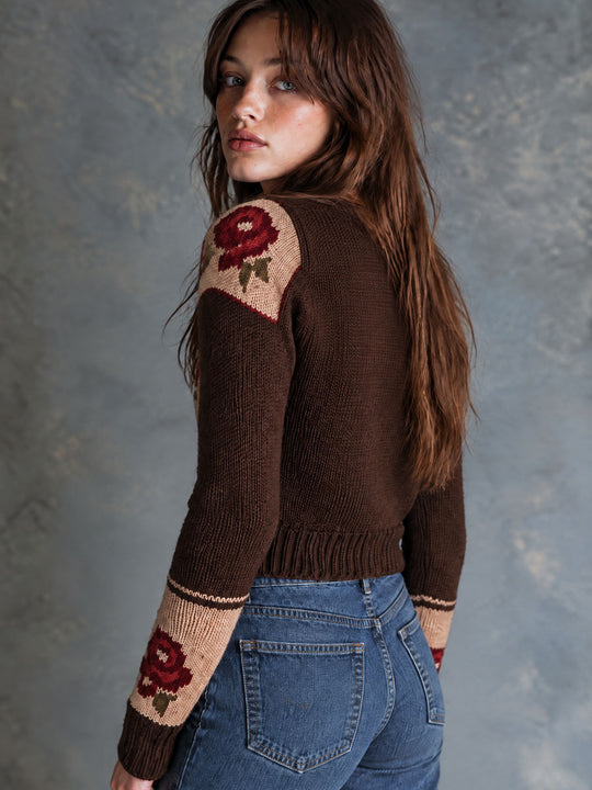 Vintage Rose Pattern Button Front Knit Cardigan