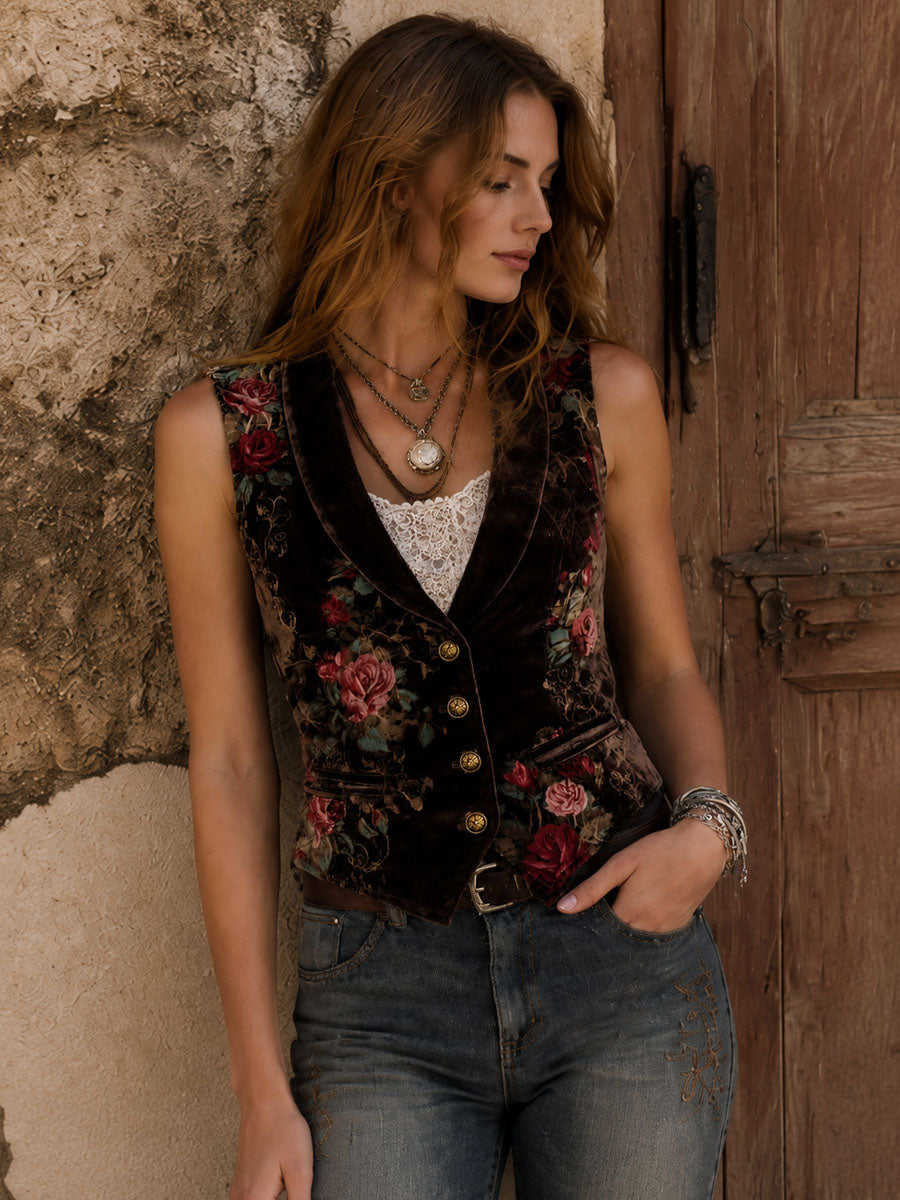 Retro Brown Velvet Floral Print Lapel Button Pocket Waistcoat