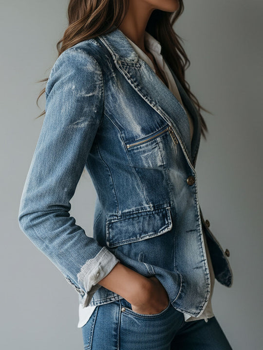 Vintage Effortless Tailoring Washed Denim Blazer