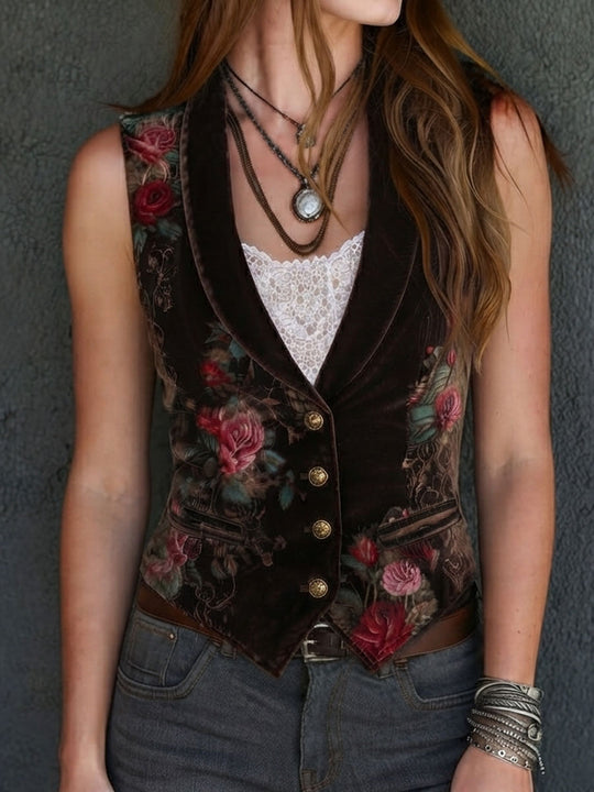 Retro Brown Velvet Floral Print Lapel Button Pocket Waistcoat