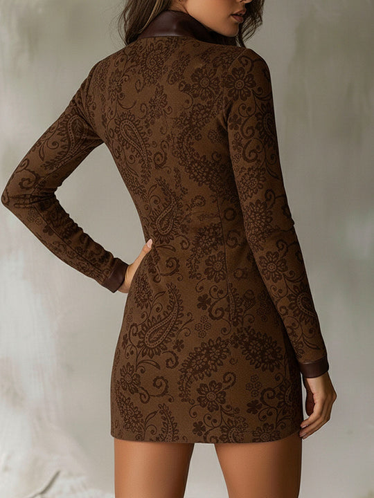 Vintage Zipper Paisley Jacquard Mini Dress With Leather Trim