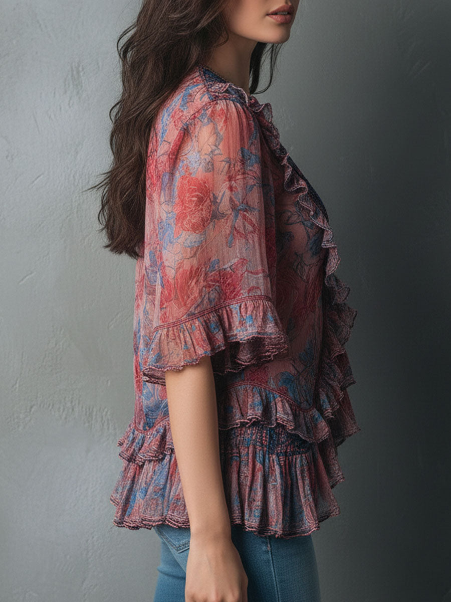 Boho Romantic V-Neck Sheer Floral Print Ruffle Blouse