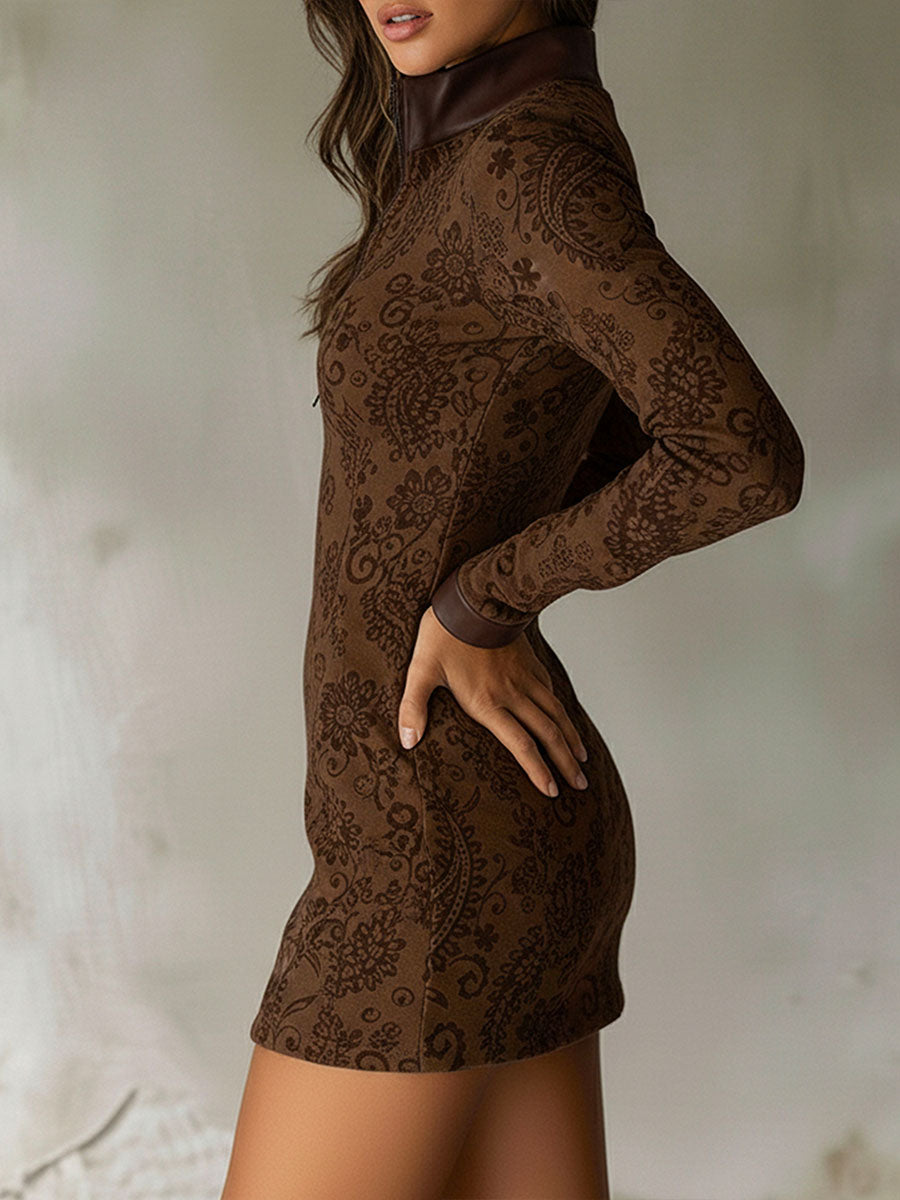 Vintage Zipper Paisley Jacquard Mini Dress With Leather Trim