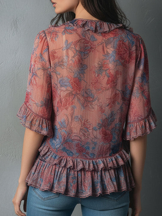 Boho Romantic V-Neck Sheer Floral Print Ruffle Blouse