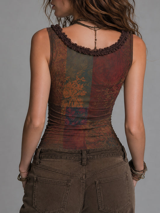 Retro Patchwork Print Slim-Fit Ruffle Trim Tank Top