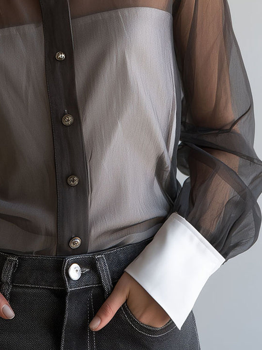 Retro Black Sheer Organza Contrast-Collar Blouse
