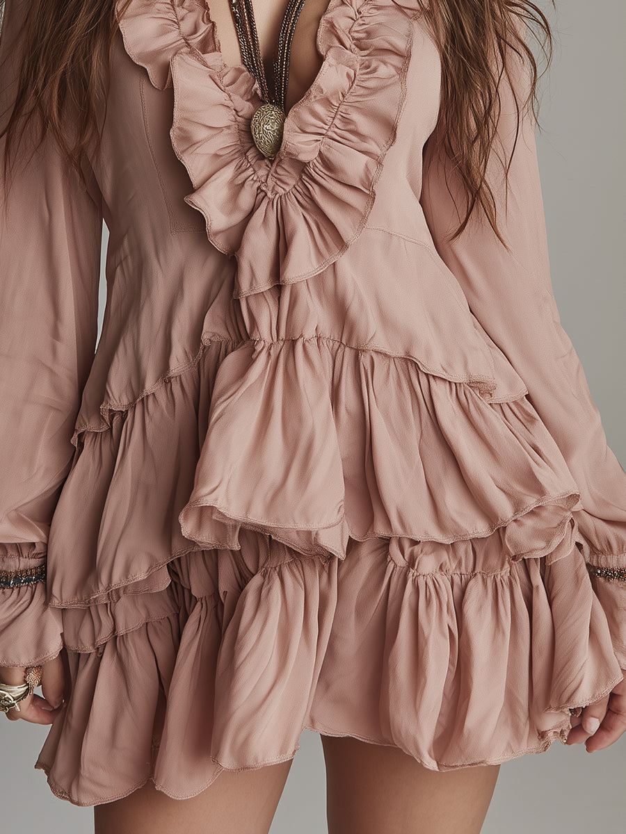 Bohemian Style Poplin Mini Dress With Ruffled Details