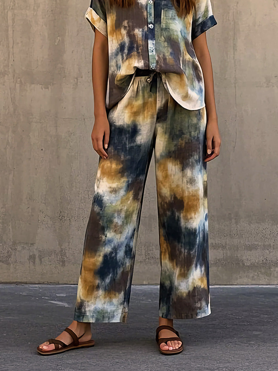 Casual Loose Tie-Dye Cotton Linen Shirt and Pants Set