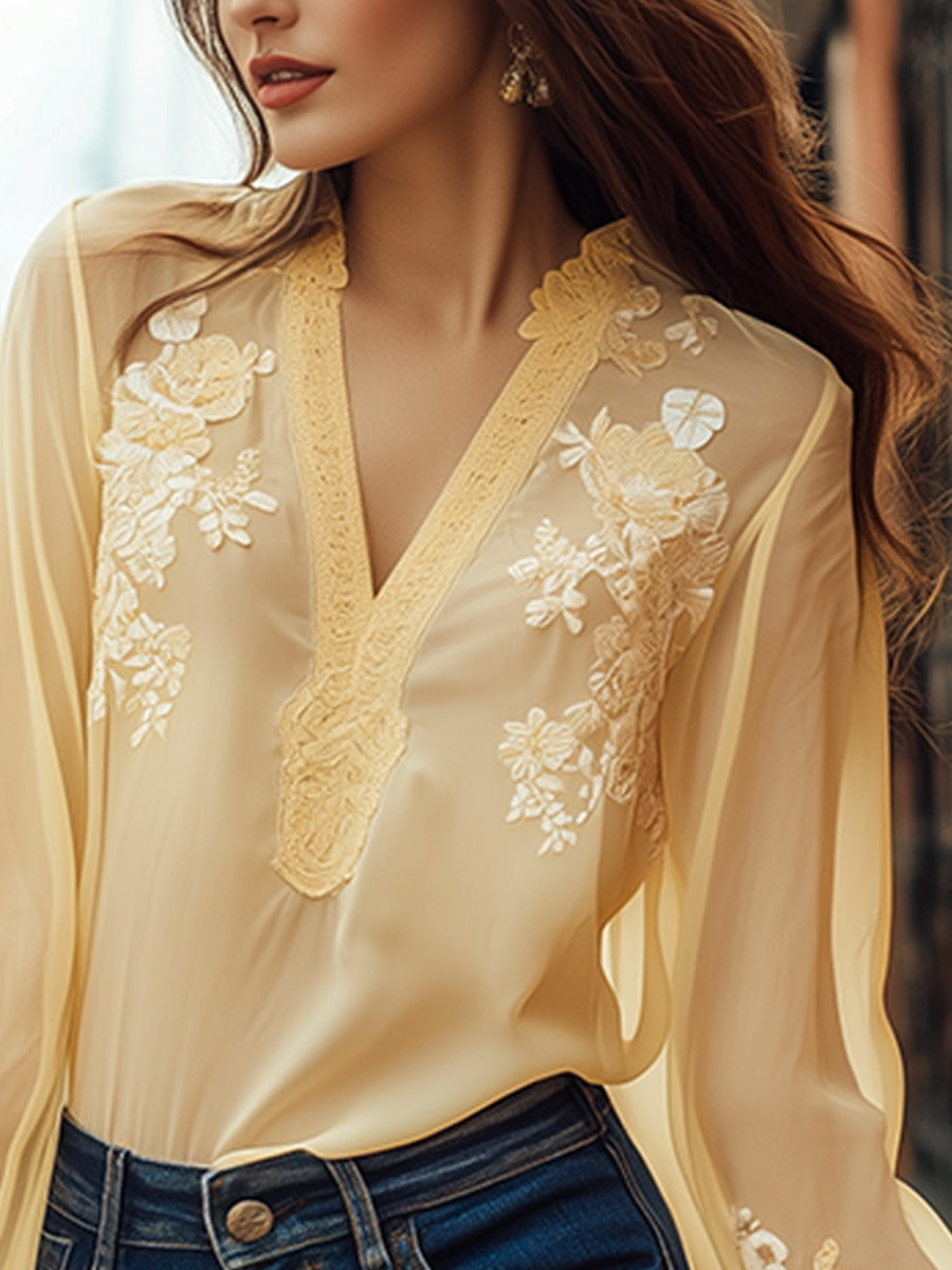 Chic V-Neck Floral Embroidered Blouse