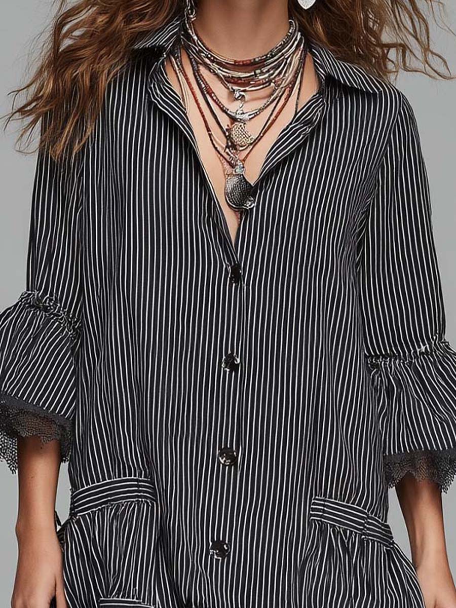 Boho Vintage Pinstripe Lace-Trim Shirt Dress
