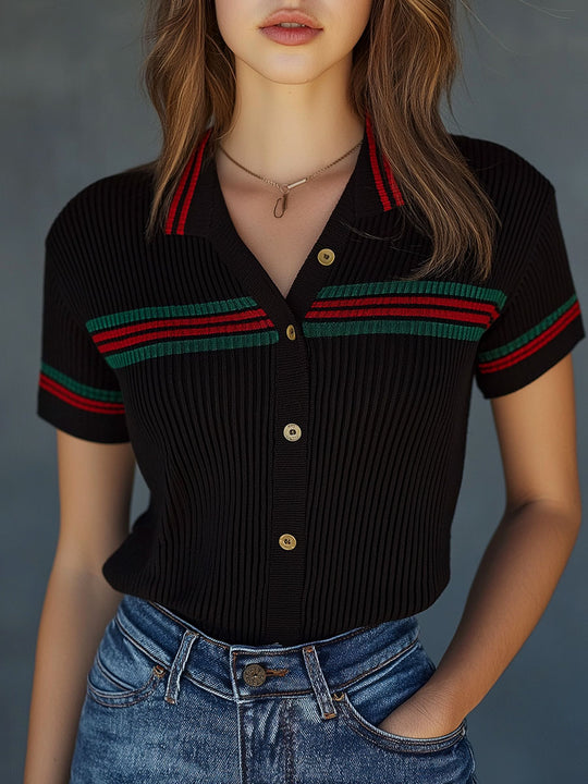 Classic Stripe Pattern Single-breasted Woolen Knit Top