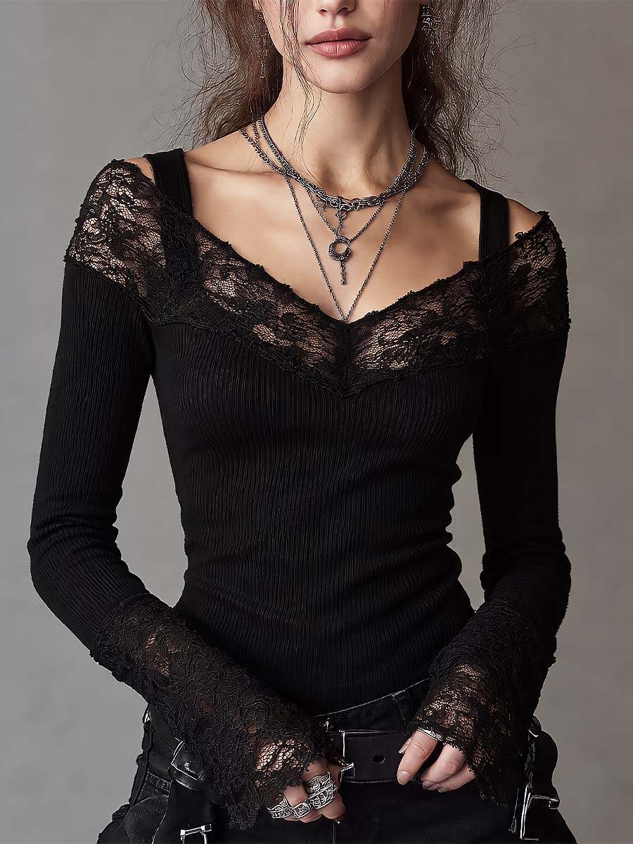 Gothic Lace Trim Cold Shoulder Long Sleeve Top with Fingerless Glove Cuffs